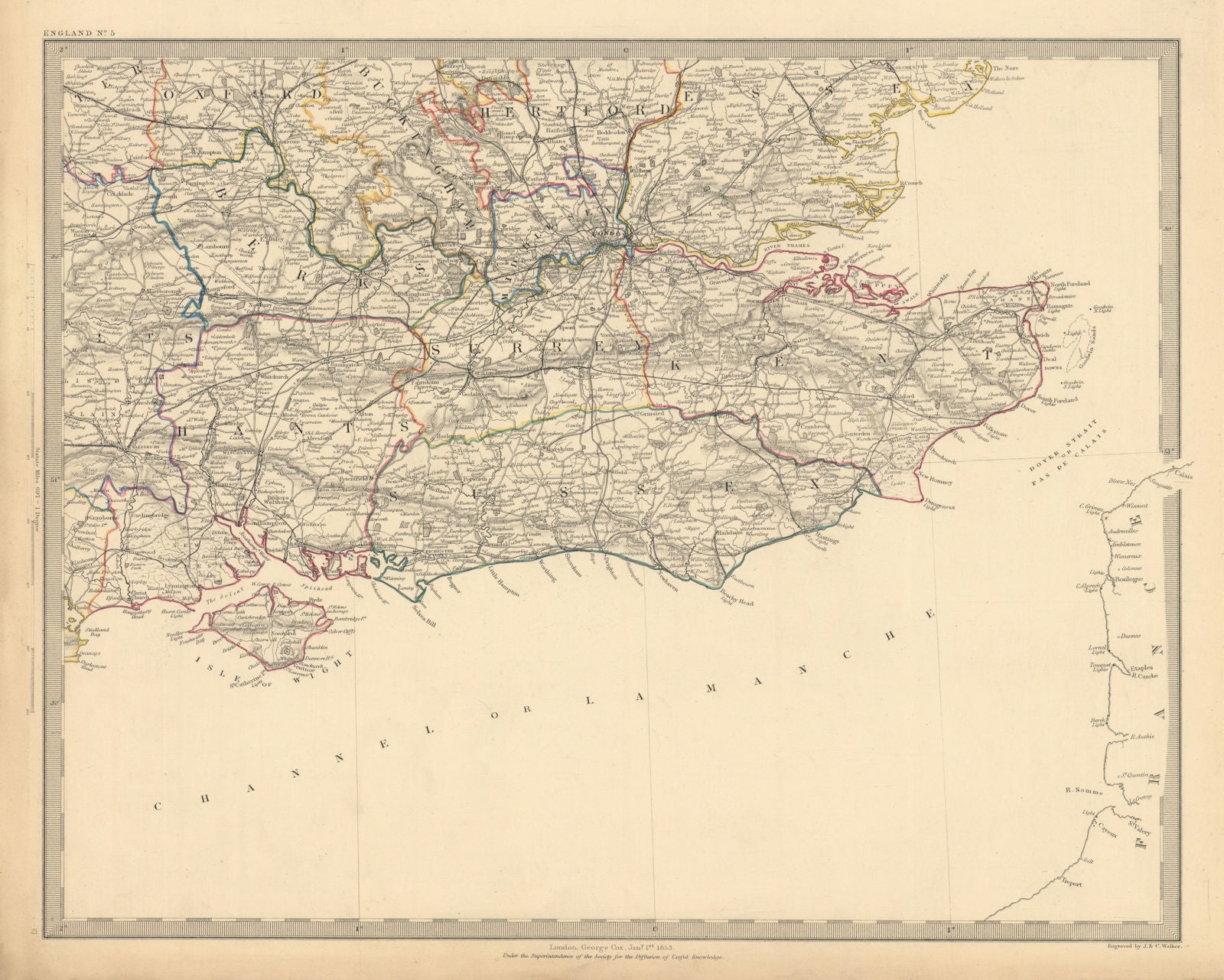 SOUTH EAST ENGLAND. London & Home counties. Railways. South coast. SDUK 1853 map